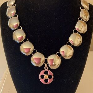 #90 Chunky Silvertone Necklace With Silvertone/Goldtone Charm